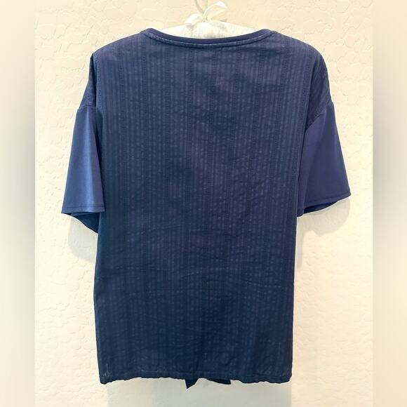 AVA & VIV | Navy Blue Mixed Fabric Knit Blouse Tie Front Short Sleeve Top | 14 - Picture 4 of 6